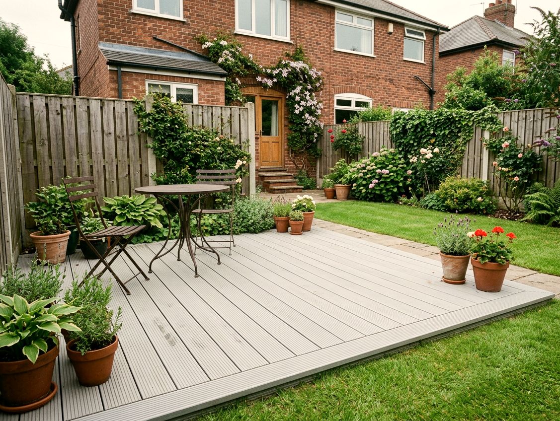 A light grey composite deck in a sunny family back garden with potted plants and a bistro table
