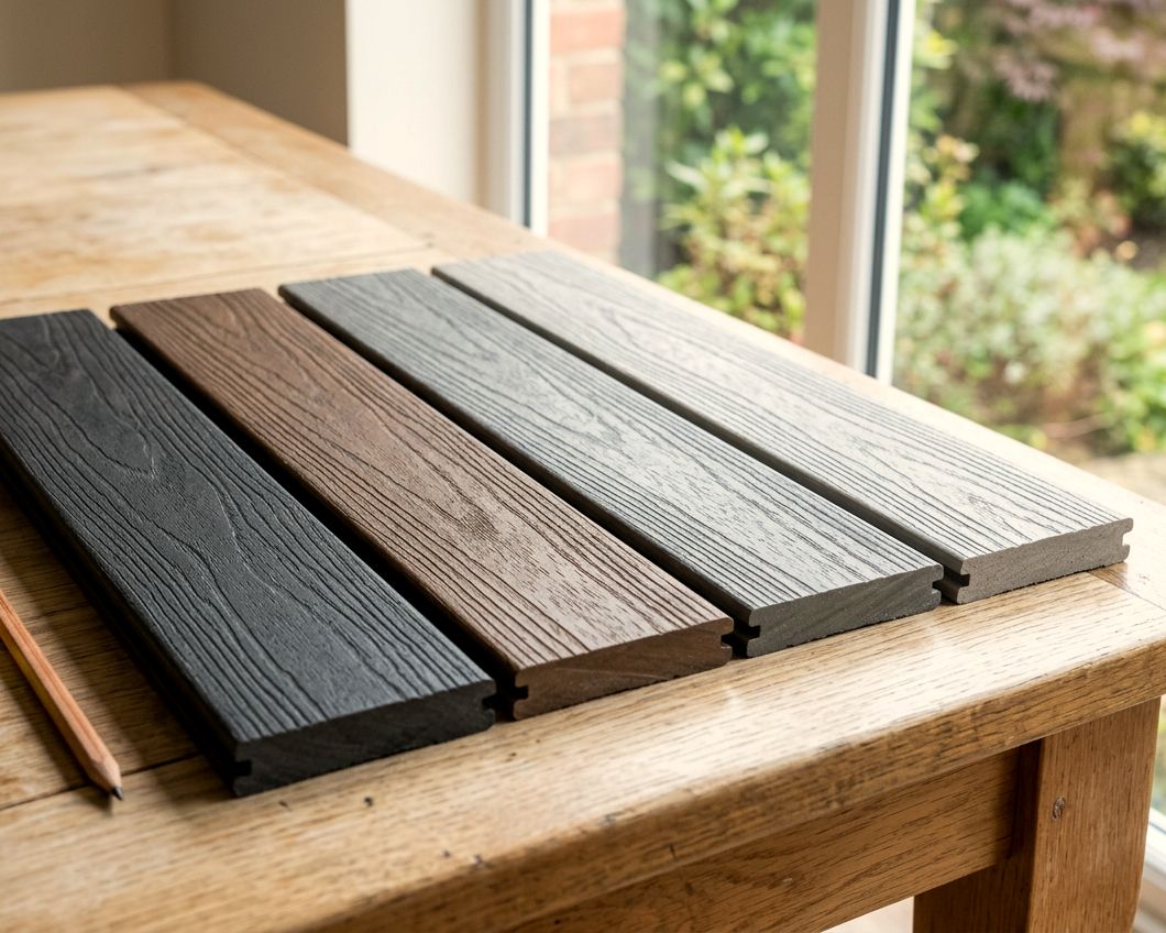 Composite sample boards in four colours laid out on a table by a window